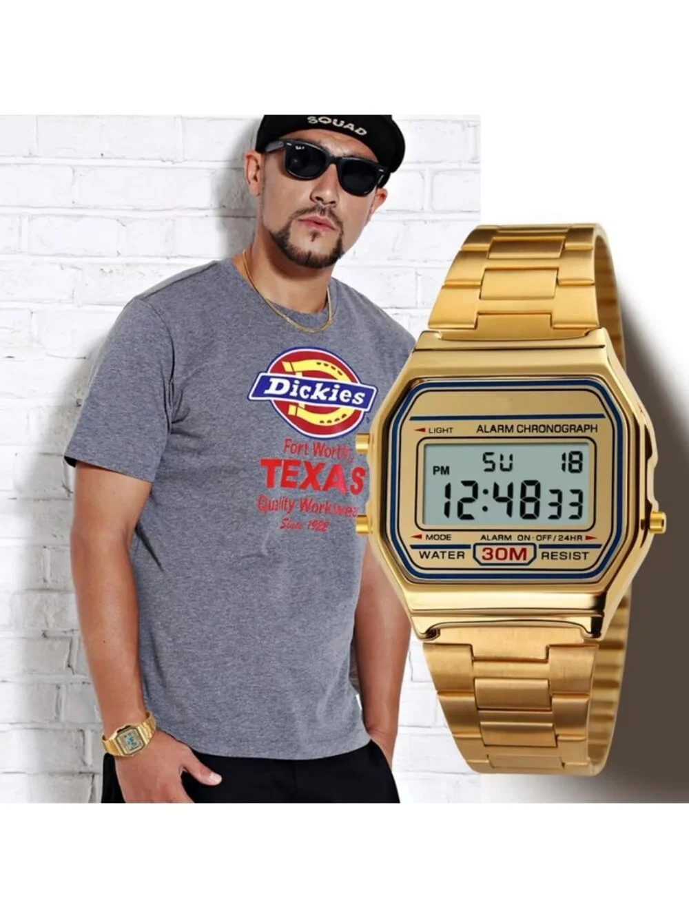 Stylish Men's Digital Gold Stainless Steel Watch - Waterproof, LED Display